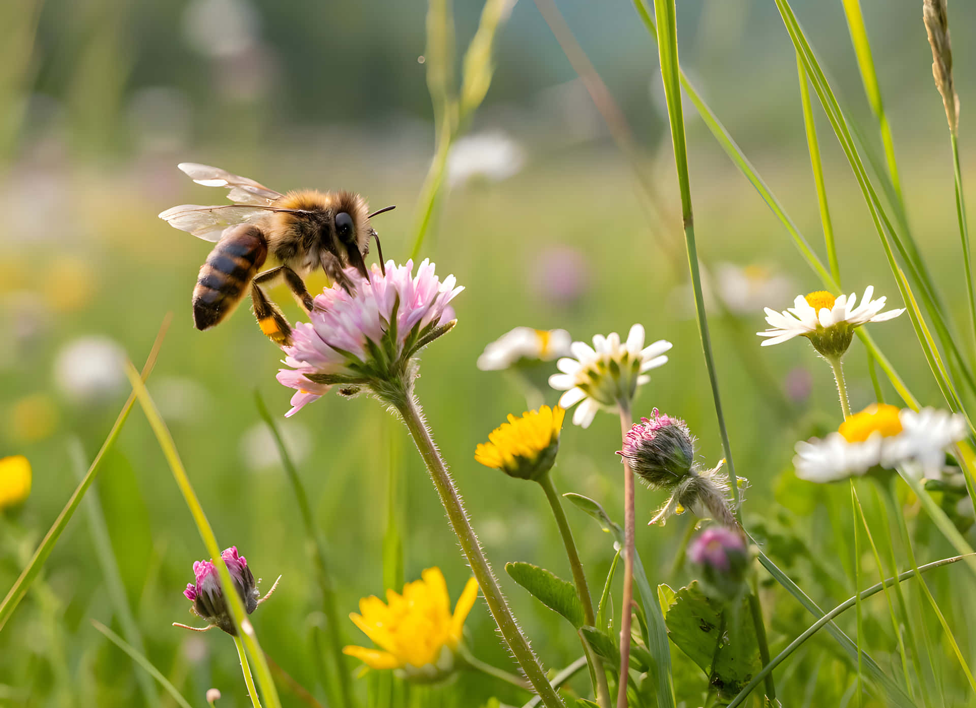 A little bee taking honey from flower 壁紙 — 一隻毛茸茸的蜜蜂降落在陽光明媚的草地上，點綴著雛菊和黃色花朵的粉紅色三葉草花上。