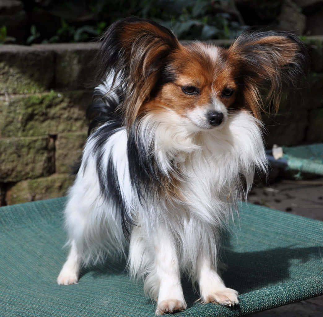 動物 桌布 壁紙 — 一隻毛茸茸的蝴蝶犬，長耳朵，白色、棕色和黑色的毛髮，警覺地坐在綠色戶外地墊上。