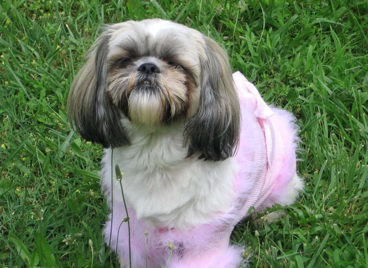 狗 桌布 壁紙 — 一隻毛茸茸的西施犬穿著粉紅色衣服，平靜地坐在點綴著小黃花的鮮綠色草地上。