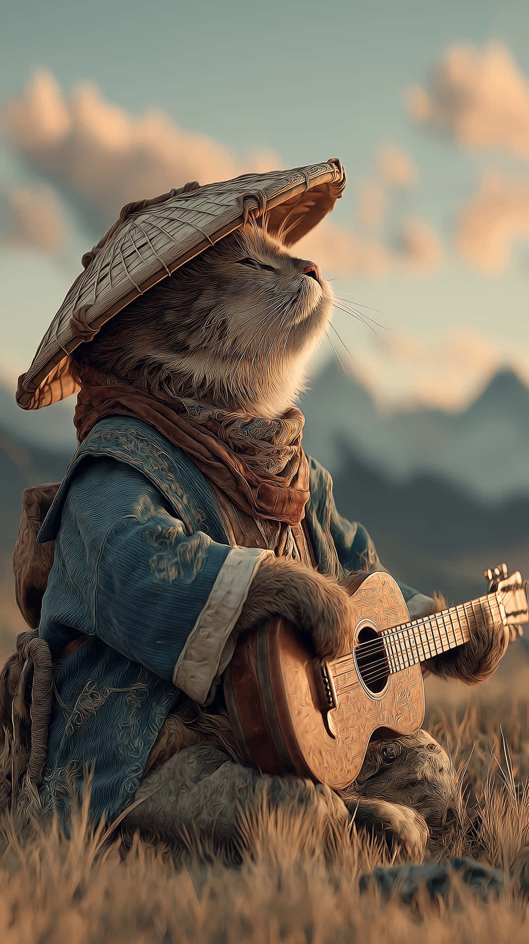 Adventurous Cat Musician with Guitar in a Mountain Landscape 壁紙 — 一隻毛茸茸的貓咪戴著編織帽和藍色長袍，坐在高高的草叢中，在柔和的多雲天空下抱著一把原聲吉他。