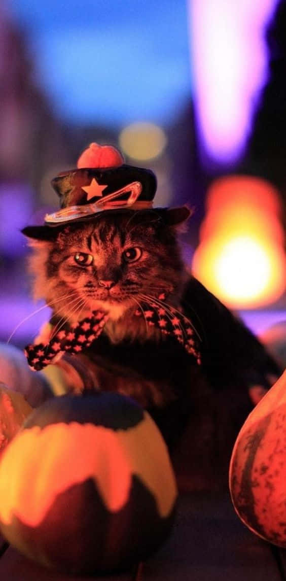 Black Cat Halloween 桌布 壁紙 — 一隻毛茸茸的貓戴著牛仔帽和頭巾，坐在色彩繽紛的夜燈下發光的南瓜之中。