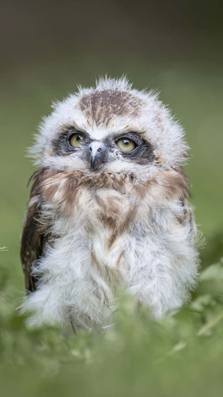 Owl Phone 桌布 壁紙 — 一隻毛茸茸的貓頭鷹寶寶，有著大大的黃色眼睛，從柔軟的綠色草地上好奇地凝視著。