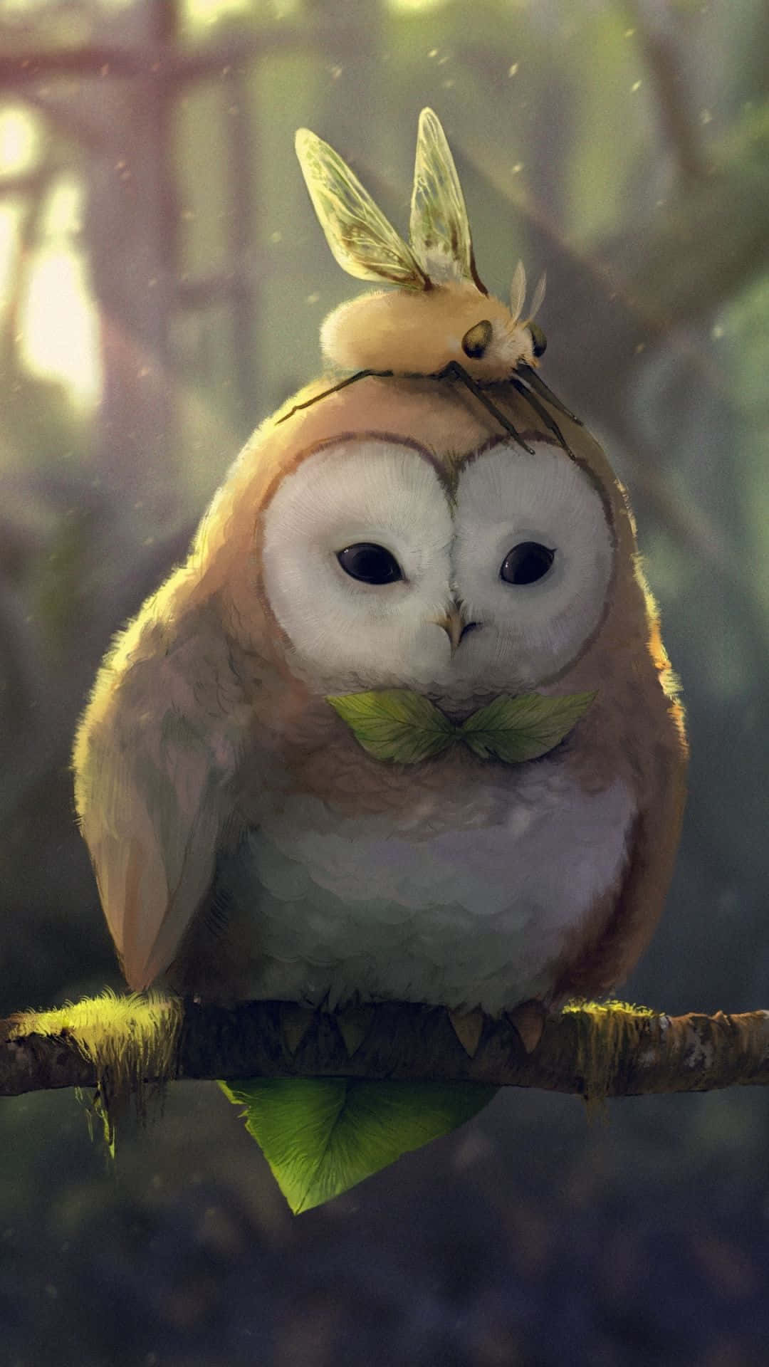 Owl Phone 桌布 壁紙 — 一隻毛茸茸的貓頭鷹戴著樹葉蝴蝶結，棲息在長滿苔蘚的樹枝上，一隻發光的飛蛾停在牠的頭頂，在陽光明媚的森林中。