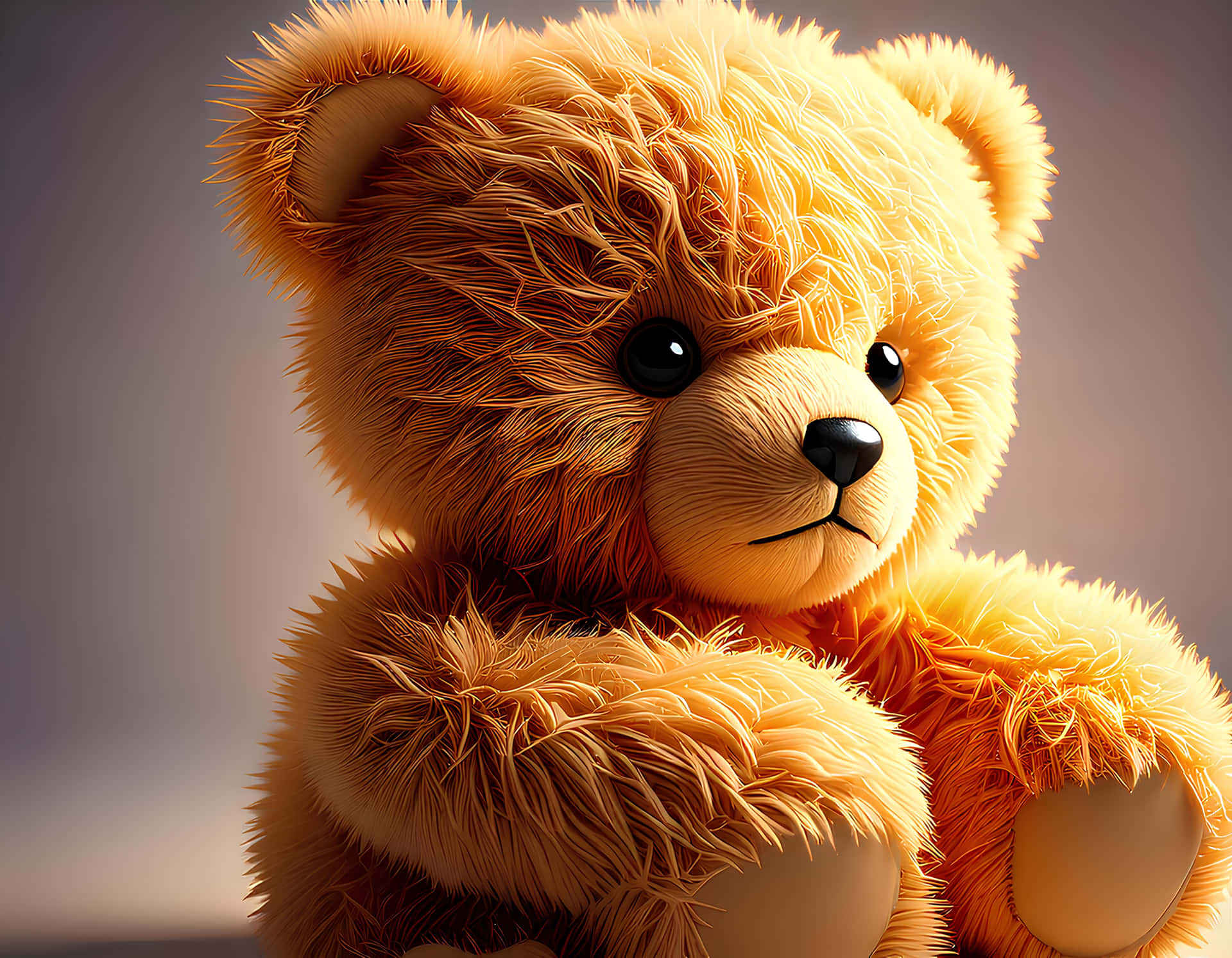 Teddy bear 壁紙 — 一隻毛茸茸的金棕色泰迪熊的特寫，擁有柔軟的毛髮和深色眼睛，溫柔地望向前方。