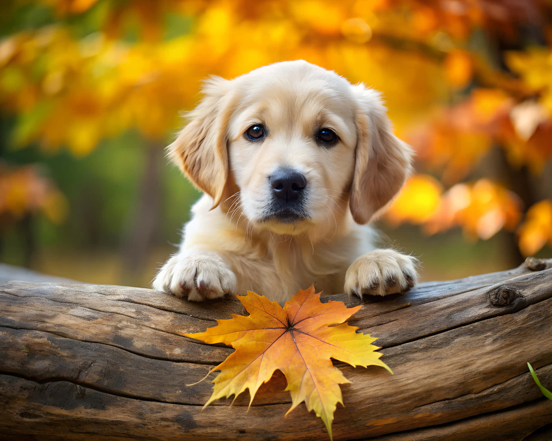 Sweet puppy dog ​​resting on a log 壁紙 — 一隻毛茸茸的金毛尋回犬幼犬將爪子擱在風化的木頭上，旁邊有一片鮮豔的楓葉，背景是溫暖的秋色。