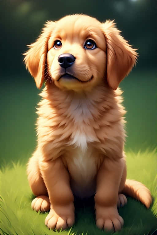 Golden Retriever Puppy on Grassy Lawn 4K 壁紙 — 一隻毛茸茸的金毛尋回犬幼犬專注地坐在鮮綠色的草地上，柔和陽光照亮其毛髮。
