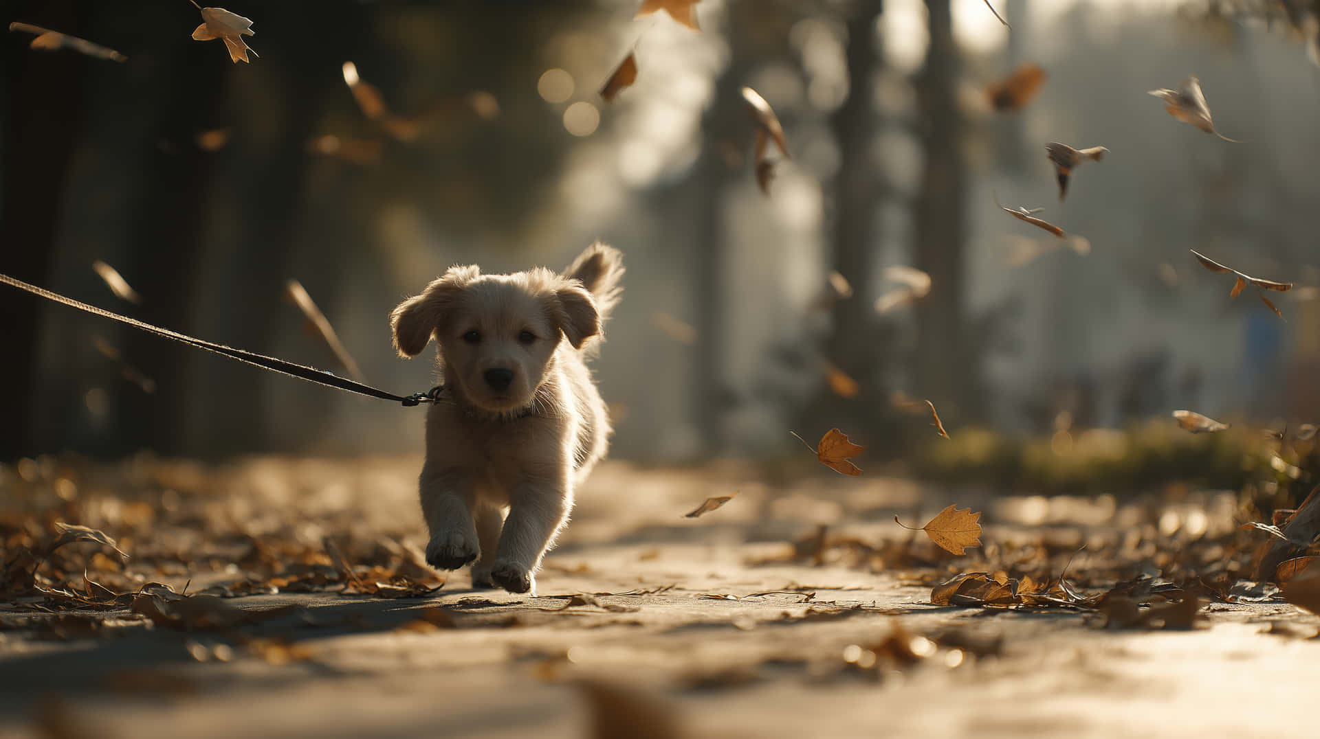 Playful Pup Running Through a Crisp Autumn Landscape 壁紙 — 一隻毛茸茸的金色小狗在陽光普照、鋪滿落葉的小徑上快樂地拖著狗繩奔跑。