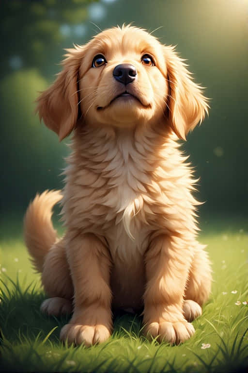 Golden Retriever Puppy on Grassy Lawn 4K 壁紙 — 一隻毛茸茸的金色小狗在陽光照耀的草地上警覺地坐著，背景是柔和的綠色散景。