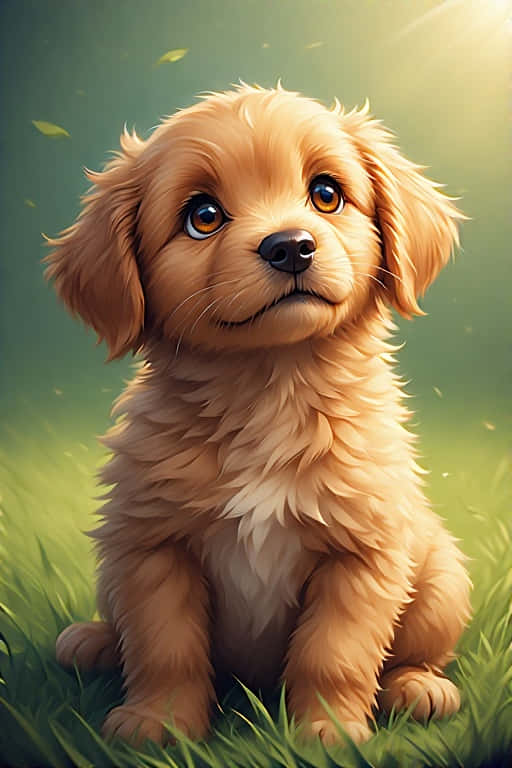 Golden Retriever Puppy on Grassy Lawn 4K 壁紙 — 一隻毛茸茸的金色小狗坐在充滿溫暖陽光的鮮綠色草地上，樹葉飄浮。