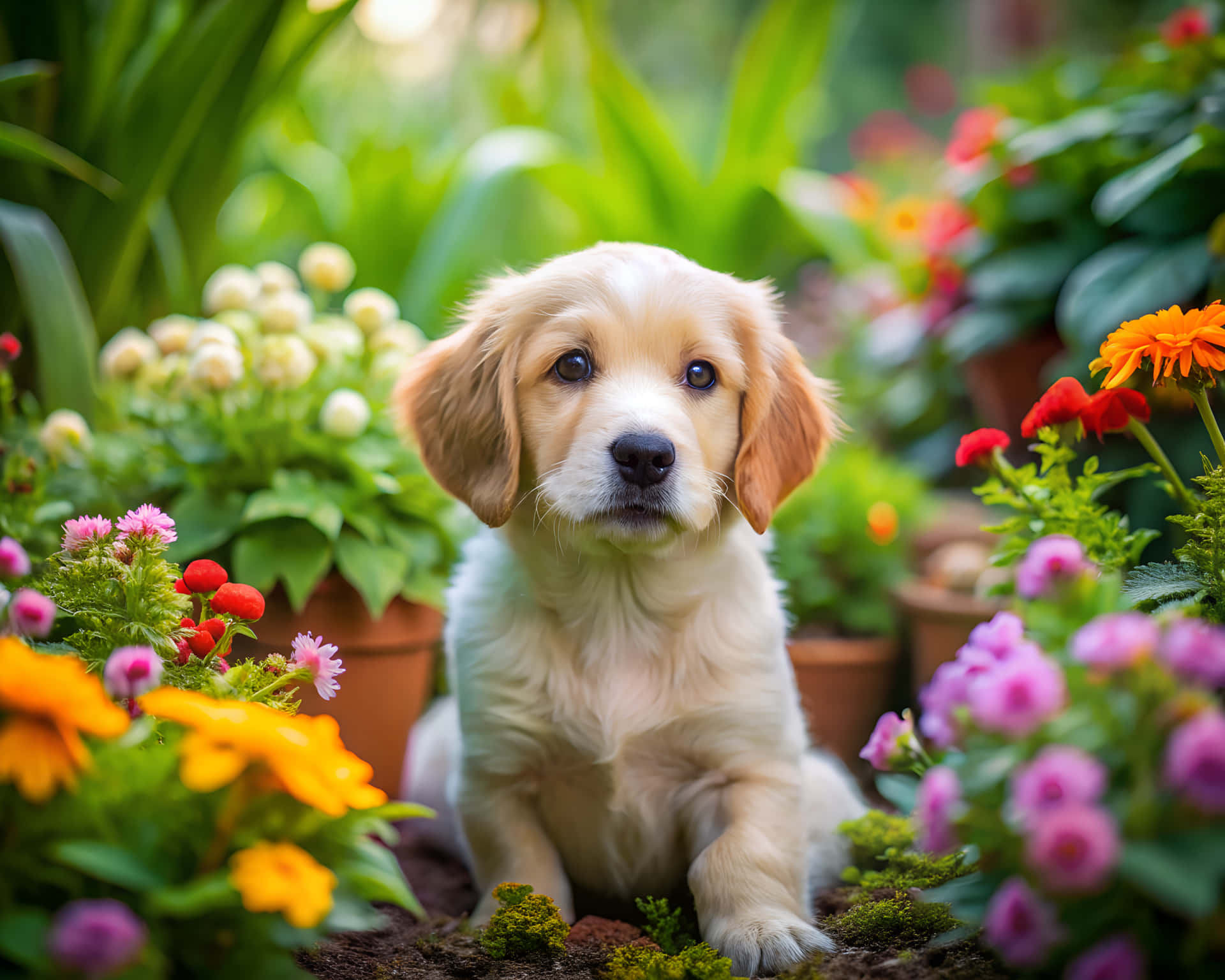 Puppy in the garden 壁紙 — 一隻毛茸茸的金色小狗坐在茂盛的花園中，周圍環繞著色彩繽紛的盆栽花卉，沐浴在柔和的陽光下。