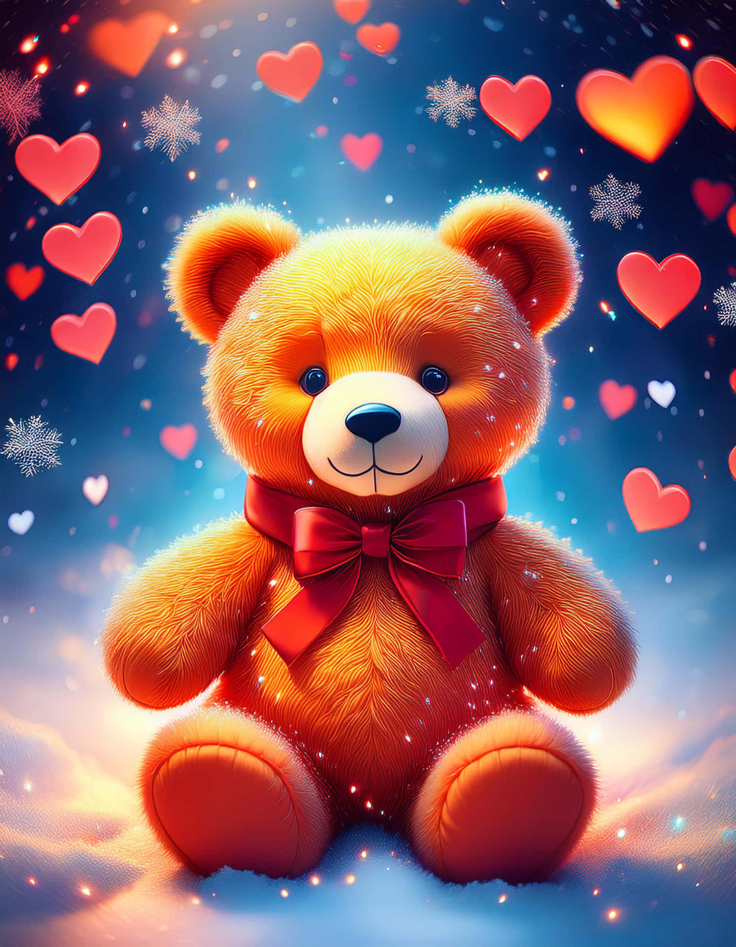 Winter Tale with Lovely Bear and Hearts 壁紙 — 一隻毛茸茸的金色泰迪熊戴著紅色蝴蝶結，坐在雪地裡，天空佈滿發光的愛心和雪花。