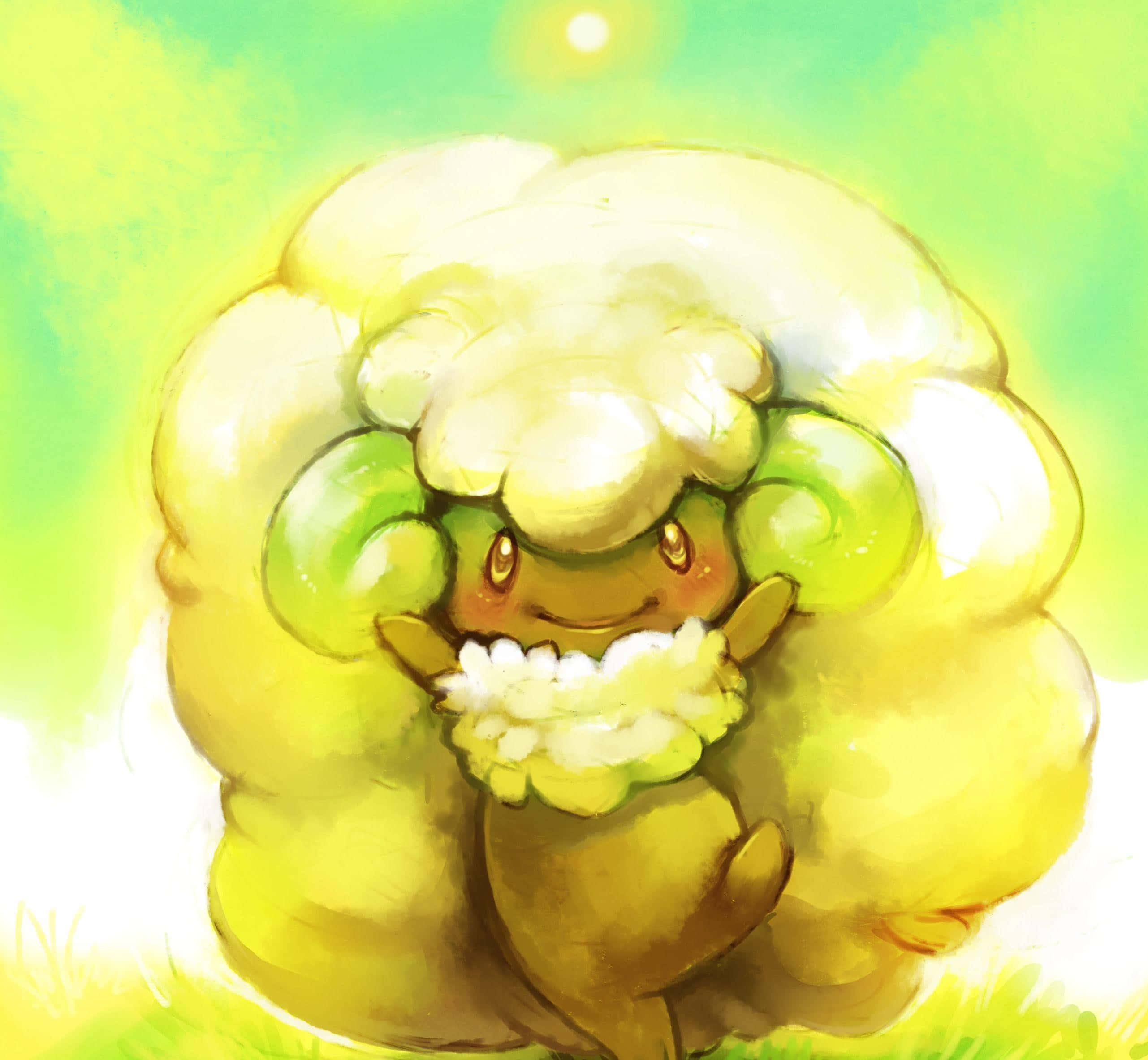 Pokemon Aesthetic 桌布 壁紙 — 一隻毛茸茸的黃色和綠色寶可夢，帶著愉快的神情，站在陽光明媚的田野中。