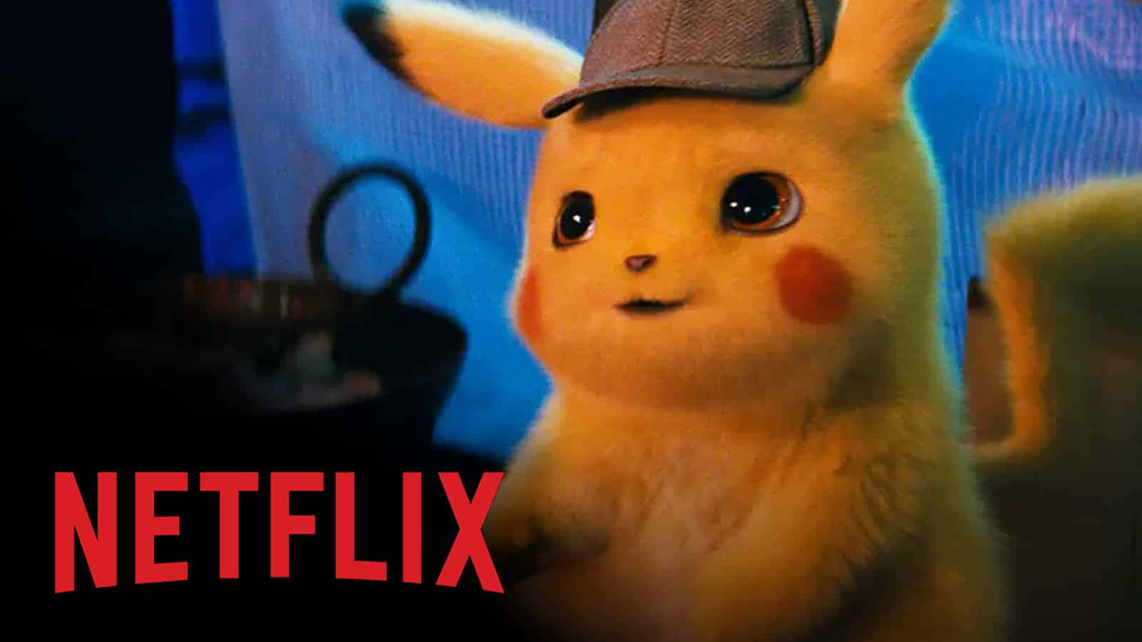 Pokemon Tv Shows 桌布 壁紙 — 一隻毛茸茸的黃色皮卡丘戴著偵探帽，在昏暗的房間裡好奇地看著觀眾，旁邊有Netflix標誌。