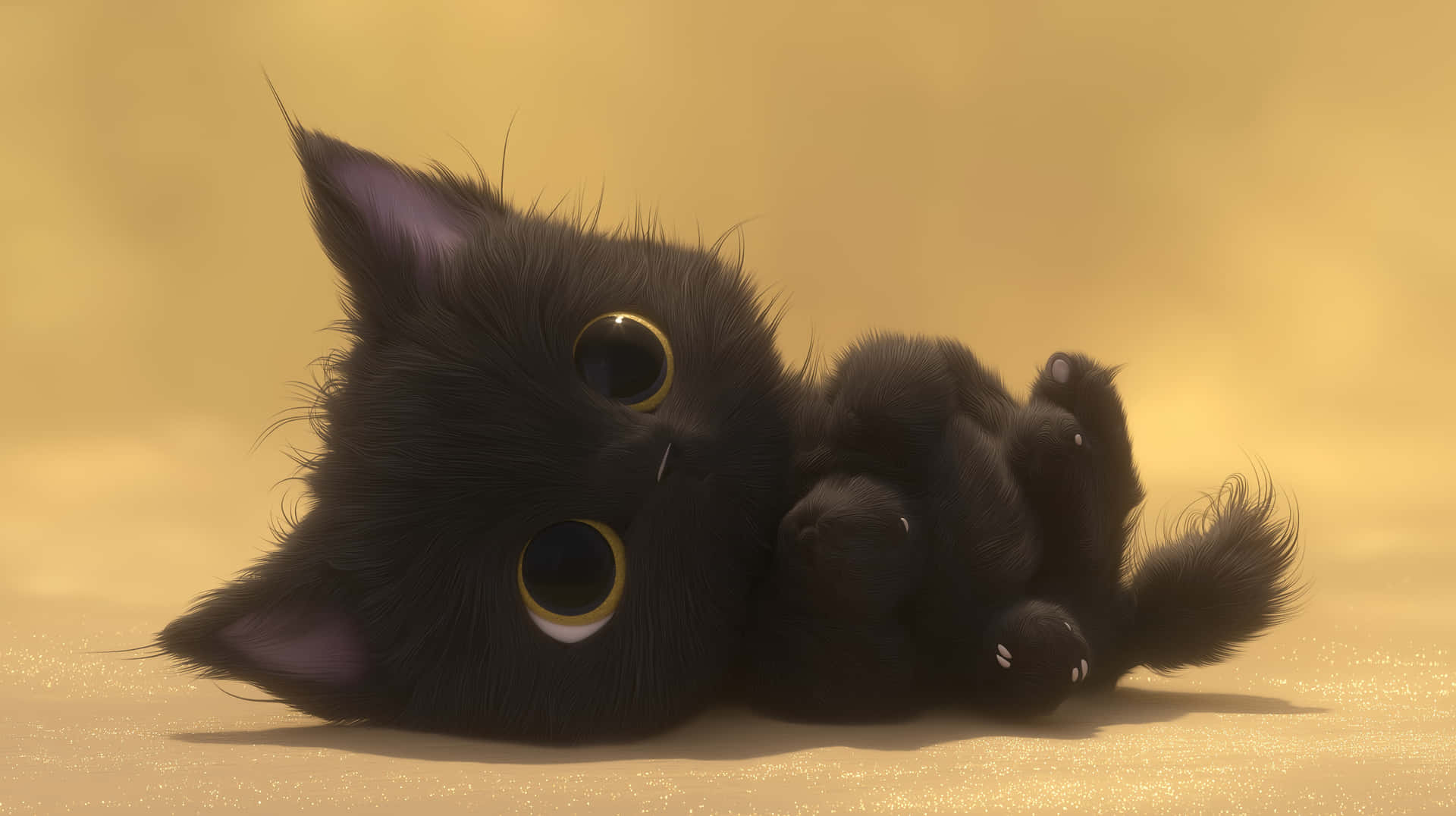 Playful Fluffy Black Kitten Lying Down 壁紙 — 一隻毛茸茸的黑色小貓，有著大大的金色眼睛，在溫暖的金色光芒中仰躺著。