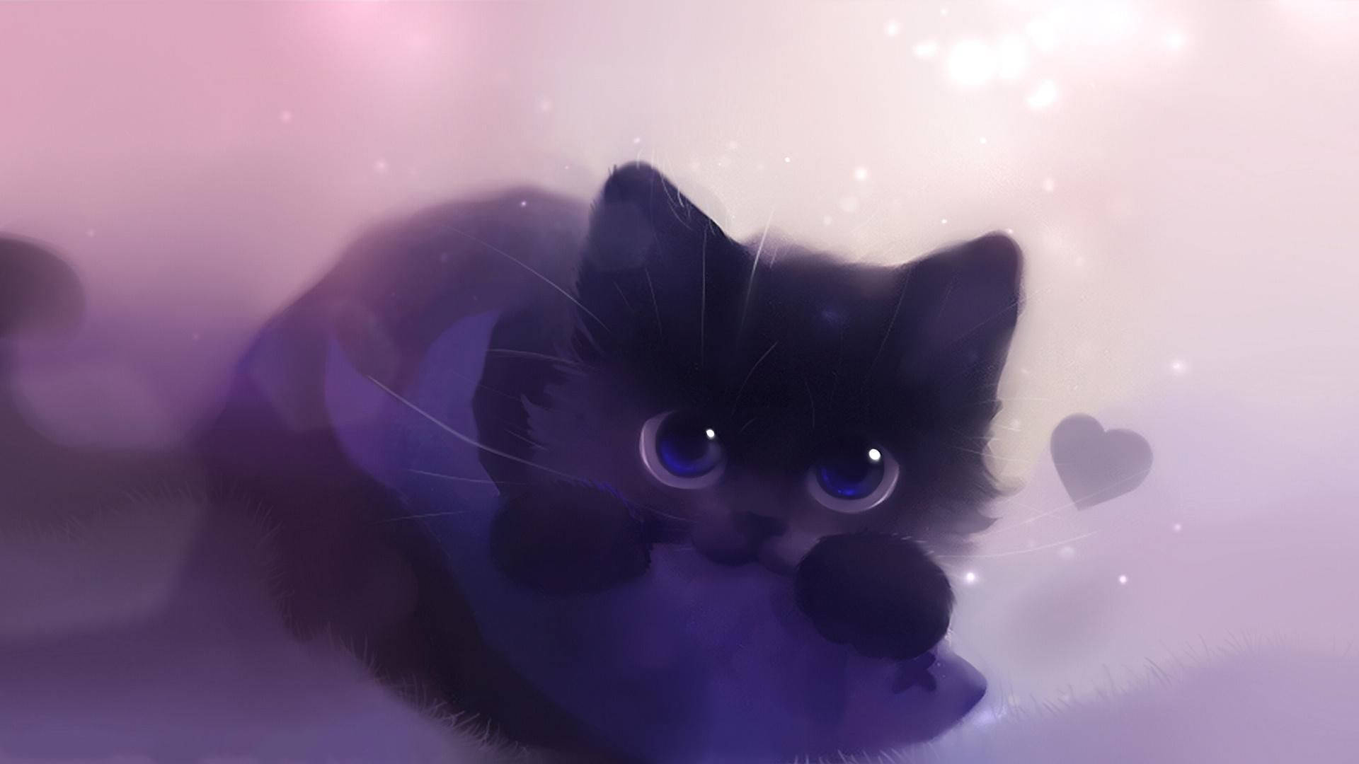 cute aesthetic pc 桌布 壁紙 — 一隻毛茸茸的黑色小貓，有著大大的藍色眼睛，坐在柔和的紫色光線中，周圍漂浮著愛心和閃光。