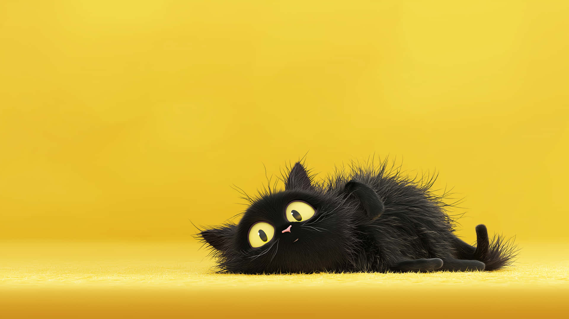 Curious Fluffy Black Kitten on Yellow Background 壁紙 — 一隻毛茸茸的黑色小貓，有著明亮的黃色眼睛，仰躺在純黃色背景上。