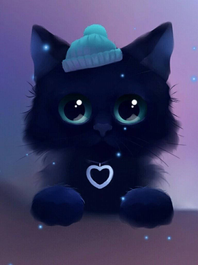 Cute Kawaii Cat 桌布 壁紙 — 一隻毛茸茸的黑色小貓，有著超大的發光眼睛，戴著青綠色的針織帽和心形吊墜，背景是星光燦爛的紫色。