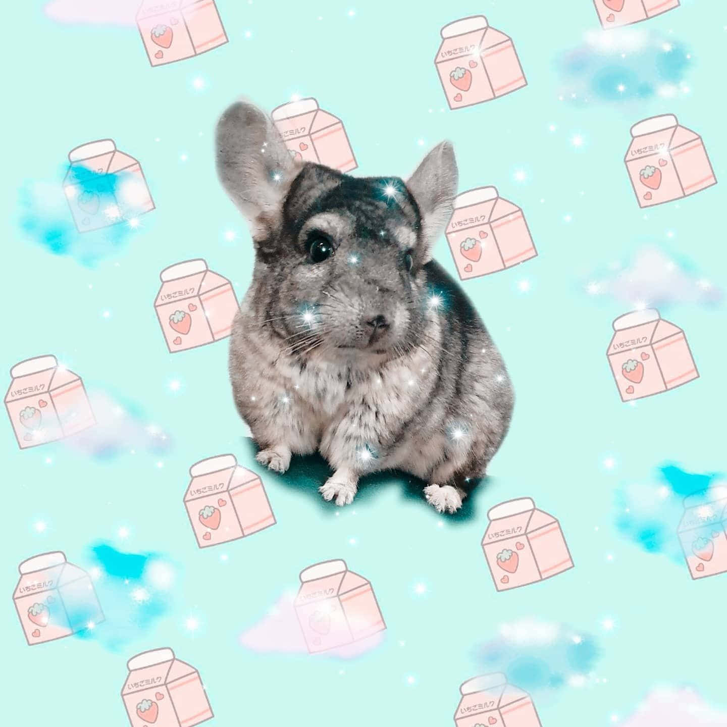 chinchilla 桌布 壁紙 — 一隻毛茸茸的龍貓坐在充滿漂浮草莓牛奶盒和閃光的粉彩天空中。