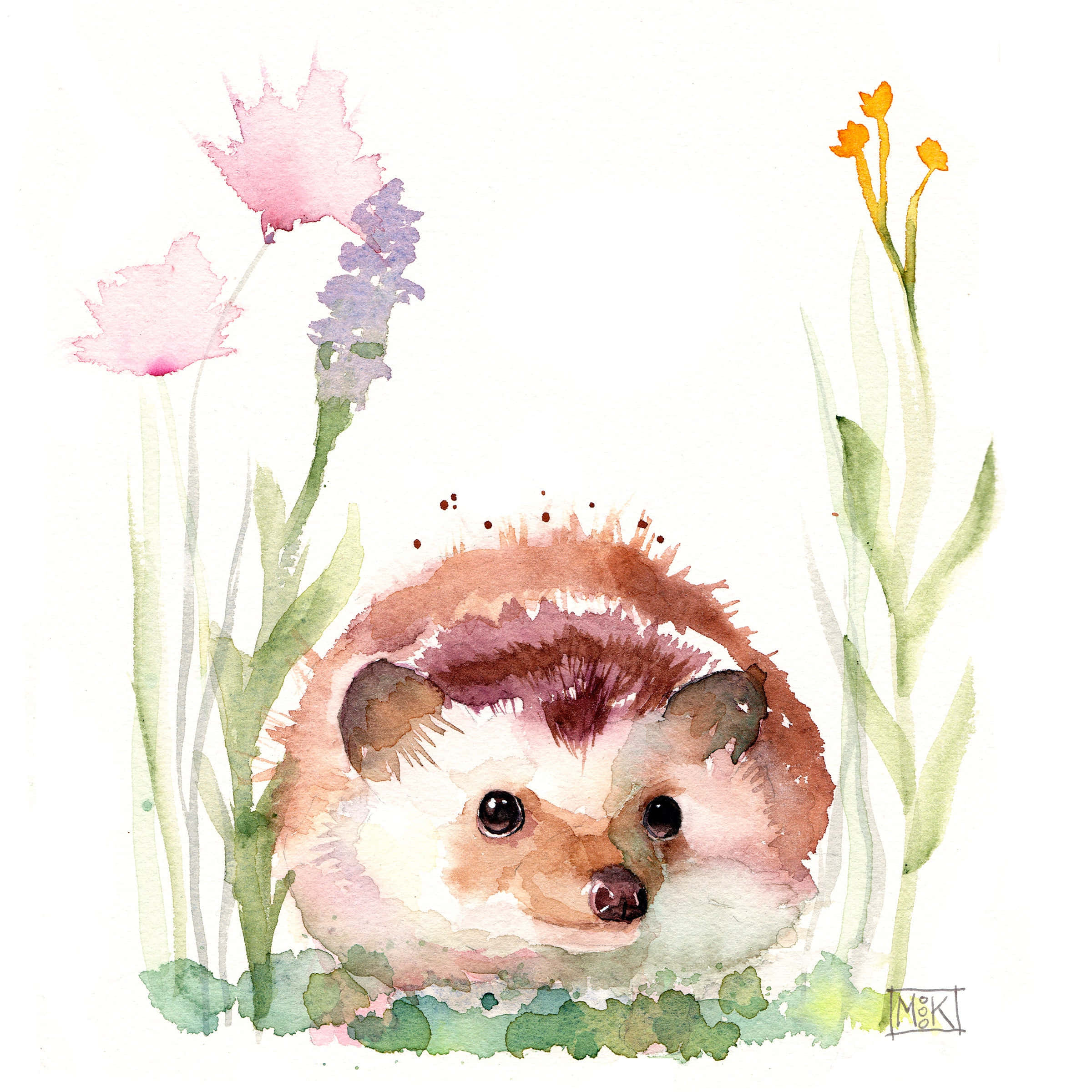 Watercolor 桌布 壁紙 — 一隻水彩刺蝟好奇地從柔和的粉紅色、紫色和黃色花朵及綠色莖幹中探出頭來。