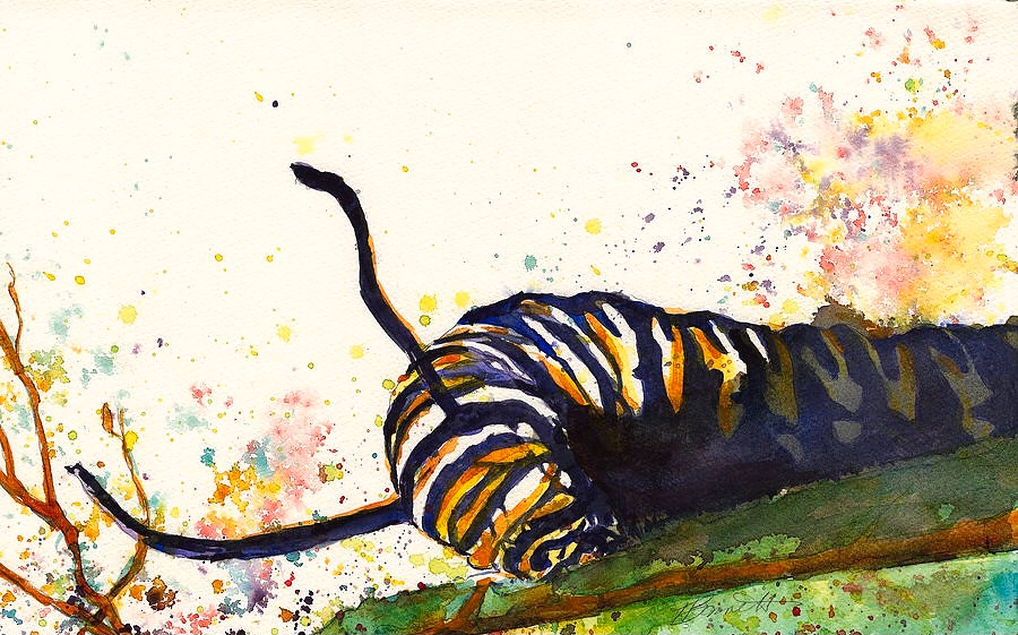 Caterpillar Insect 桌布 壁紙 — 一隻水彩老虎在明亮的背景下，棲息在樹枝上，周圍有鮮豔的顏料飛濺和光禿的細枝。