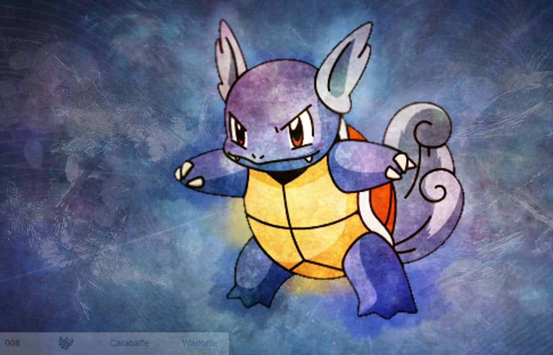 wartortle 桌布 壁紙 — 一隻水彩風格的卡咪龜，在帶有紋理的藍色和紫色背景前，展示著發光的黃色龜殼。