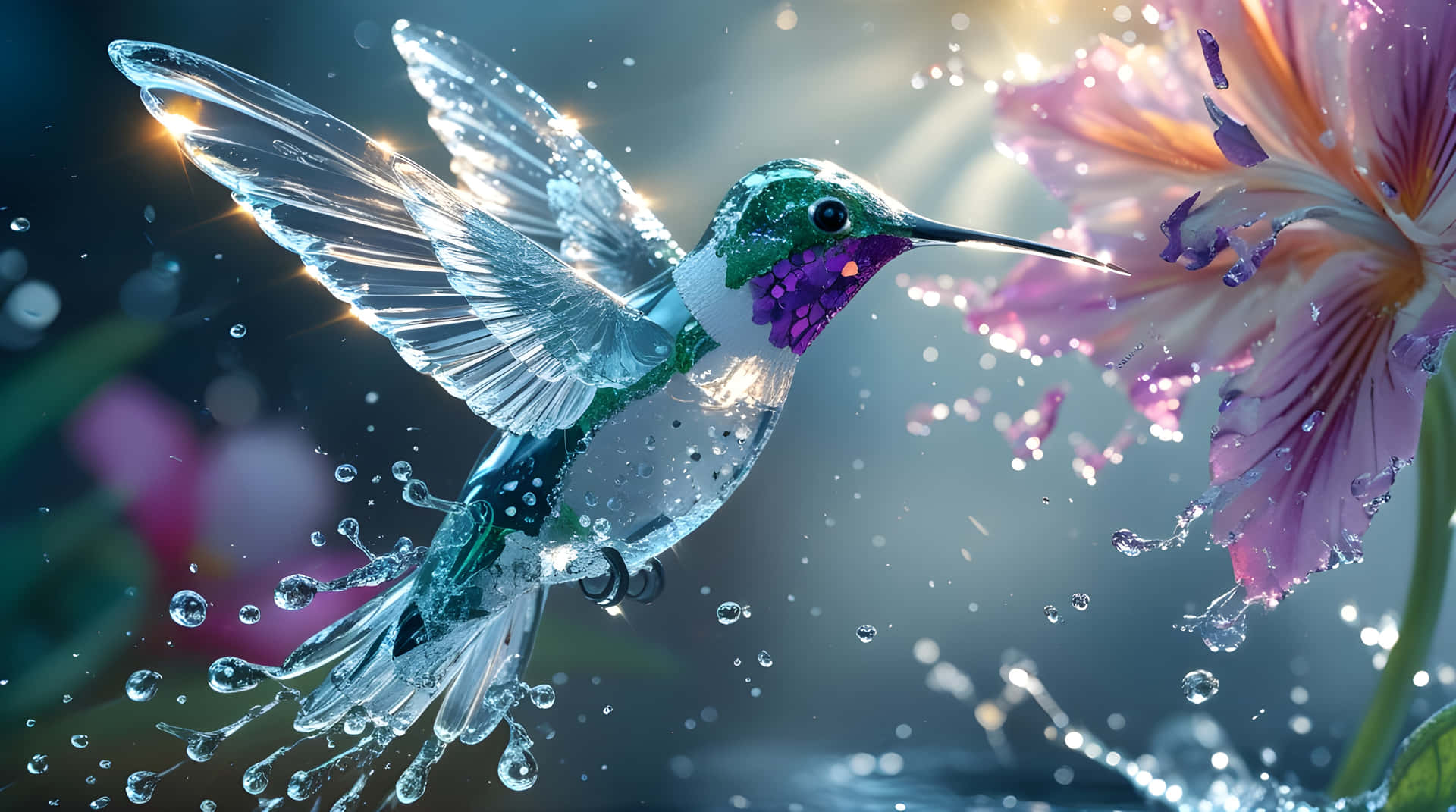 Beautiful cute birds flying 壁紙 — 一隻水晶般的蜂鳥帶有彩虹色翅膀，在沾滿露水的粉紅色花朵附近盤旋，陽光透過水滴閃爍。