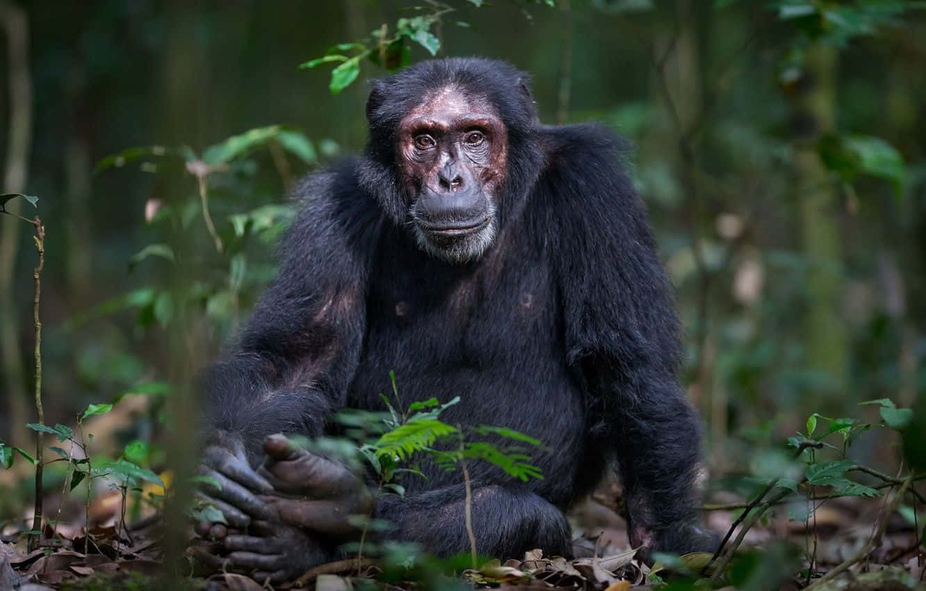 Chimpanzee 桌布 壁紙 — 一隻沉思的黑猩猩坐在茂密森林中翠綠的樹葉間，用強烈的眼神直視觀眾。