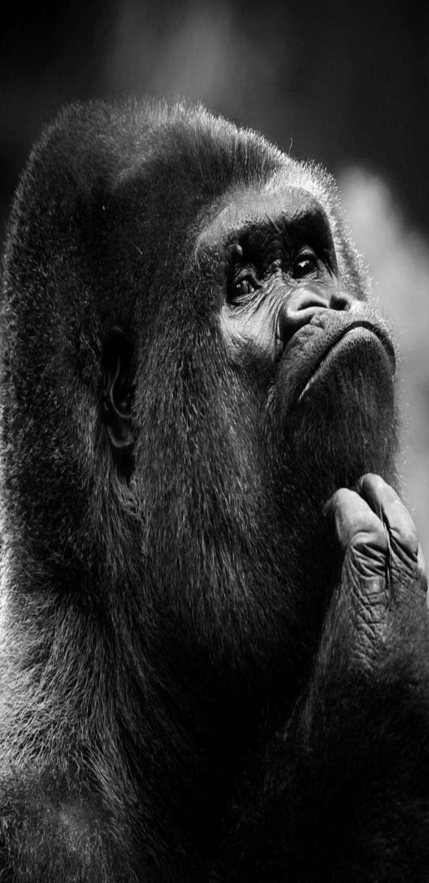 Pixel 3xl Gorilla 桌布 壁紙 — 一隻沉思的黑白大猩猩向上凝視，手放在下巴附近。