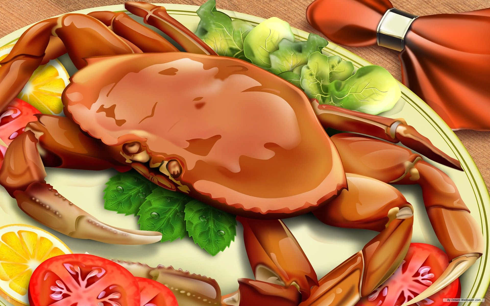 Delicious Food 桌布 壁紙 — 一隻油亮的熟蟹坐在盤子上，搭配番茄、檸檬和蔬菜，在溫暖燈光下。