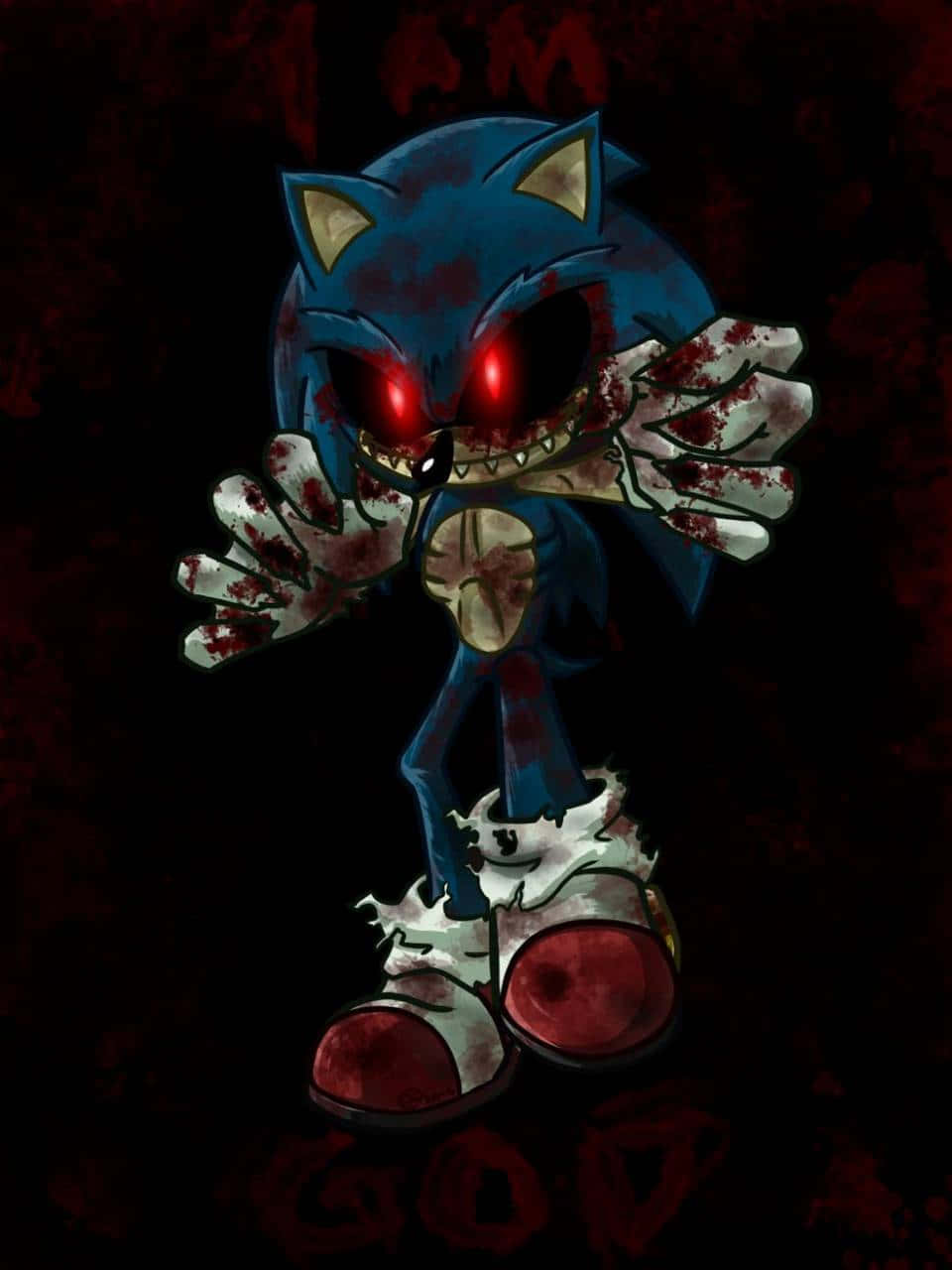 Sonic Exe 桌布 壁紙 — 一隻沾滿血跡的藍色刺蝟，有著發光的紅色眼睛和破爛的白色手套，在深紅色背景前威嚇地站立。