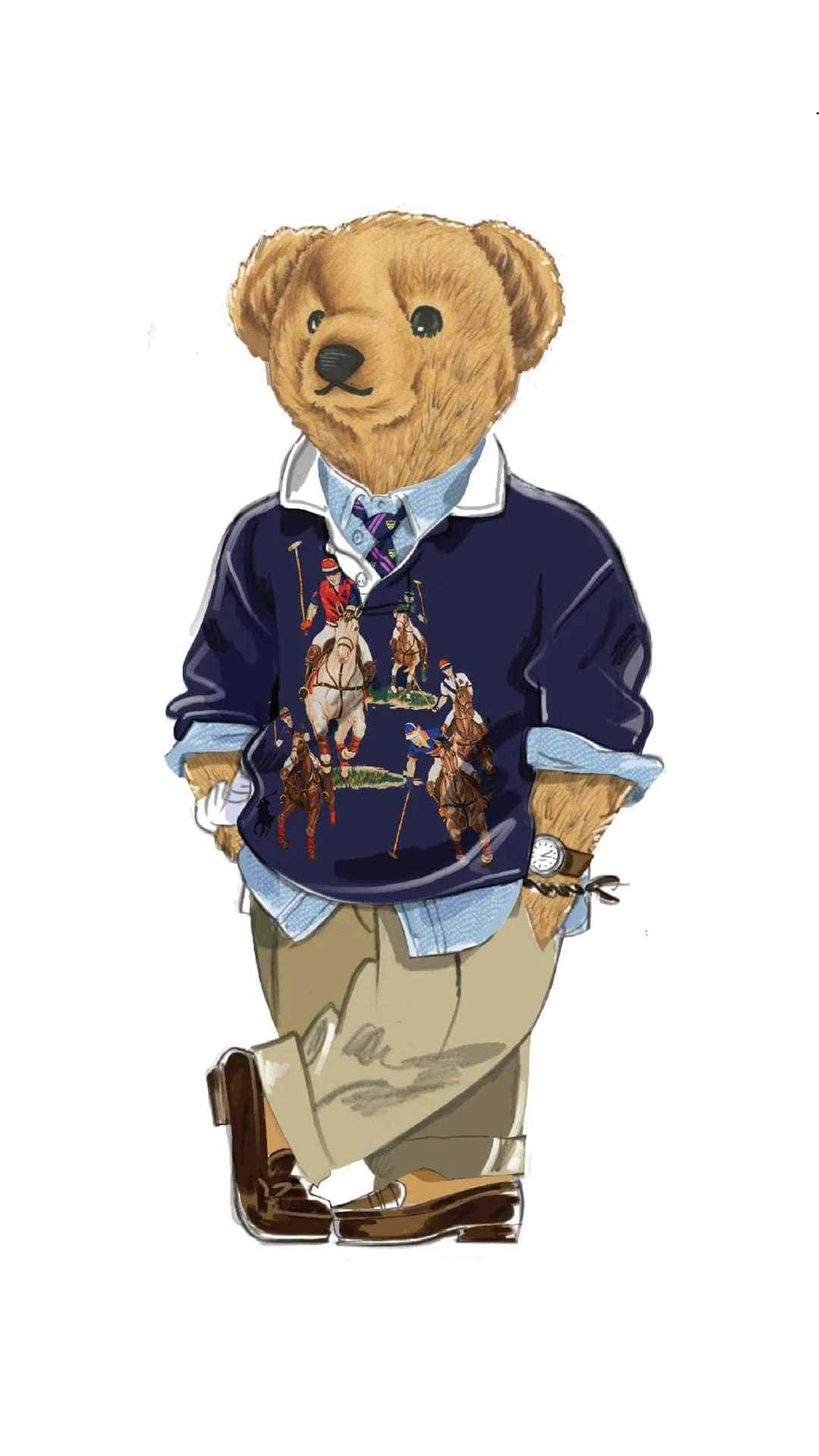 Teddy Bear 桌布 壁紙 — 一隻泰迪熊穿著一件海軍藍馬術圖案Polo毛衣，內搭淺藍色襯衫和米色褲子。