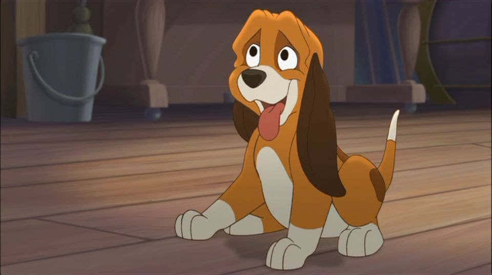 the fox and the hound 桌布 壁紙 — 一隻活潑的動畫小獵犬，耳朵下垂，坐在木地板上，抬頭露出開心的表情。