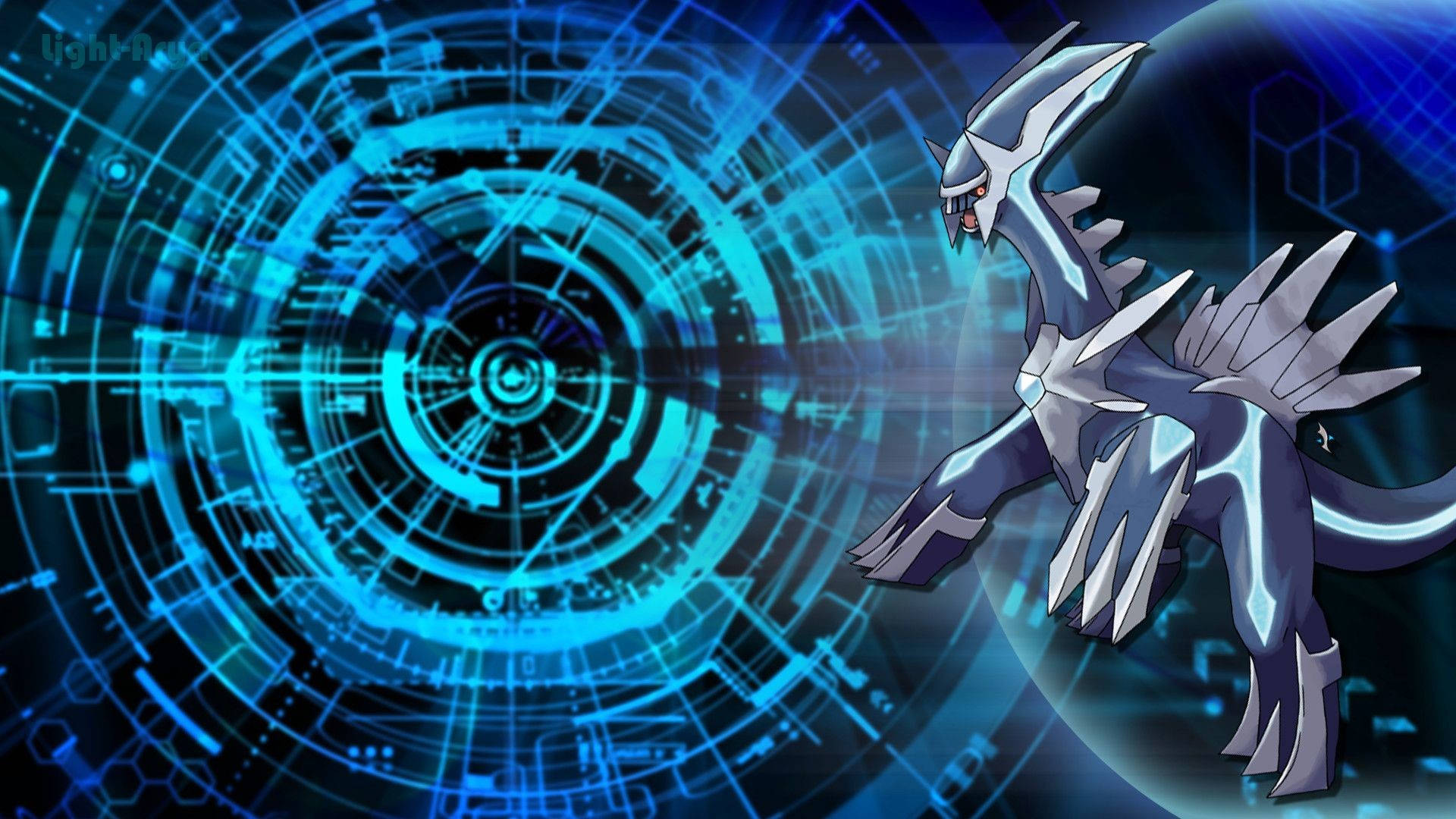 Dialga 桌布 壁紙 — 一隻流線型的銀藍色龍系寶可夢站在發光的未來藍色全息介面前。