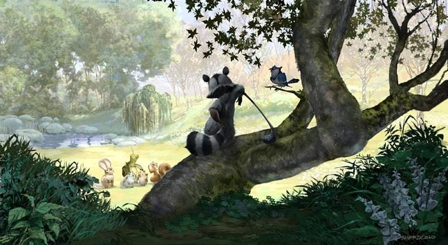Over The Hedge 桌布 壁紙 — 一隻浣熊棲息在樹枝上，手持釣竿，而小森林生物聚集在陽光明媚的林間空地下方。