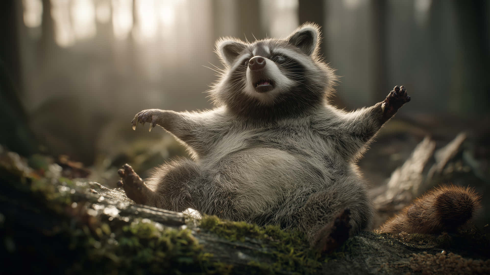 Jubilant Raccoon in a Forest Setting 壁紙 — 一隻浣熊直立在陽光普照的森林中長滿苔蘚的木頭上，雙臂舉起，好像在慶祝。