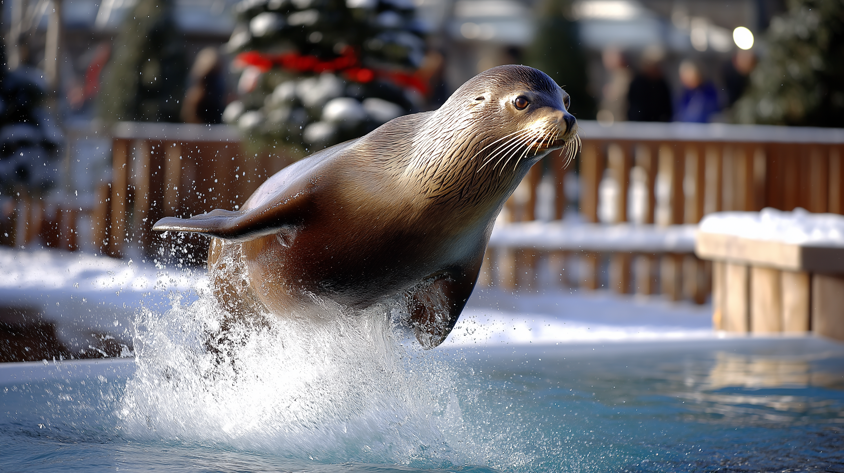 Marine Life 桌布 壁紙 — 一隻海獅從雪水中強力躍起，在冬季圍欄中激起戲劇性的水花。