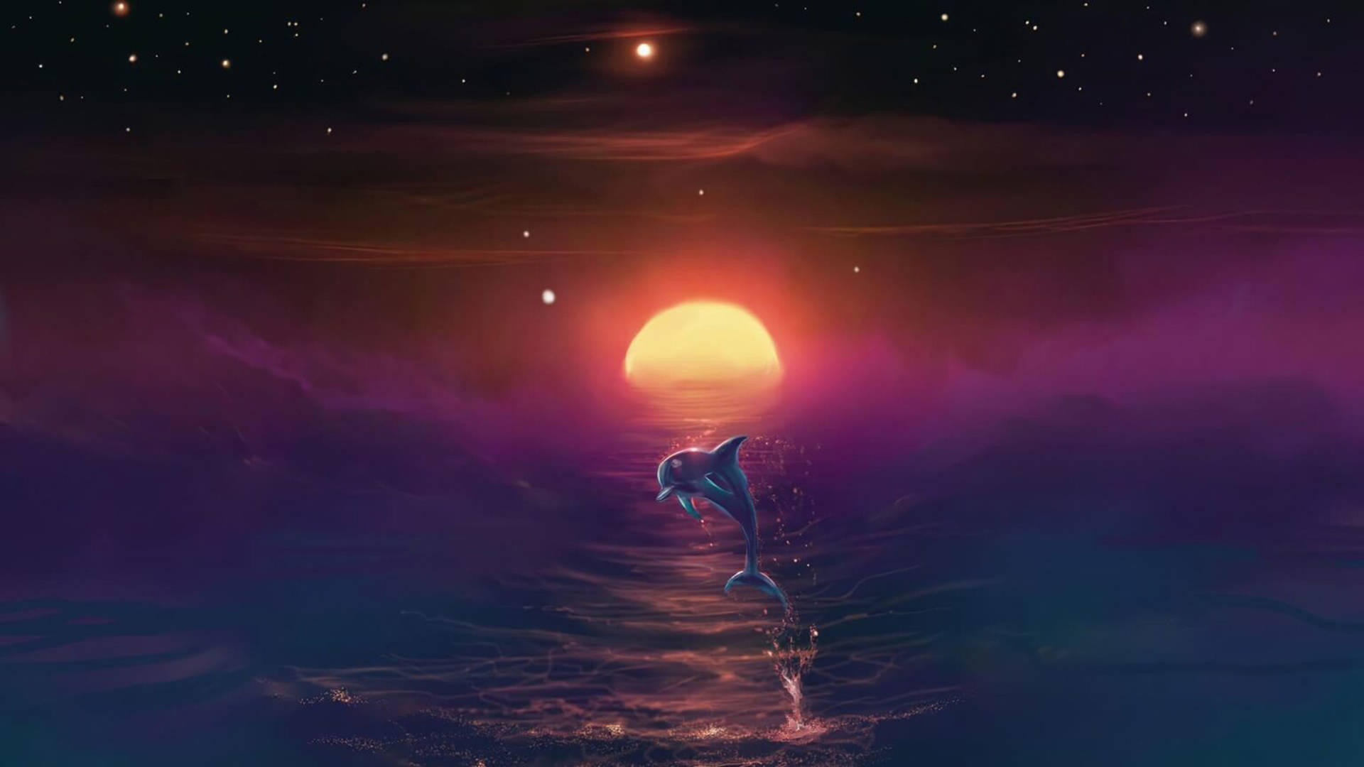 海豚從海洋中躍起，在星空日落天空下，帶有宇宙色彩。