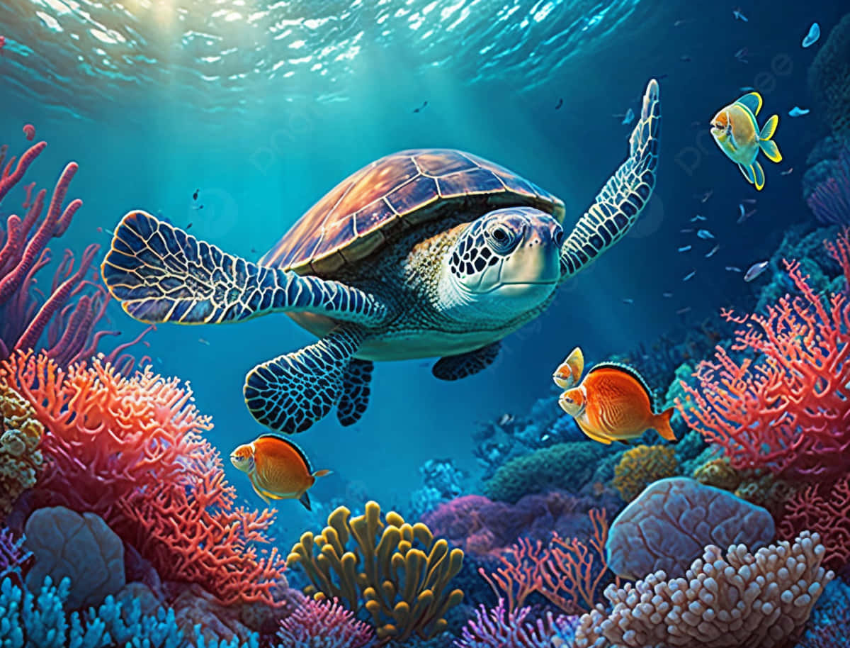 sea turtle 桌布 壁紙 — 一隻海龜優雅地滑過一個充滿色彩繽紛魚類和穿透海面陽光的生機勃勃珊瑚礁。
