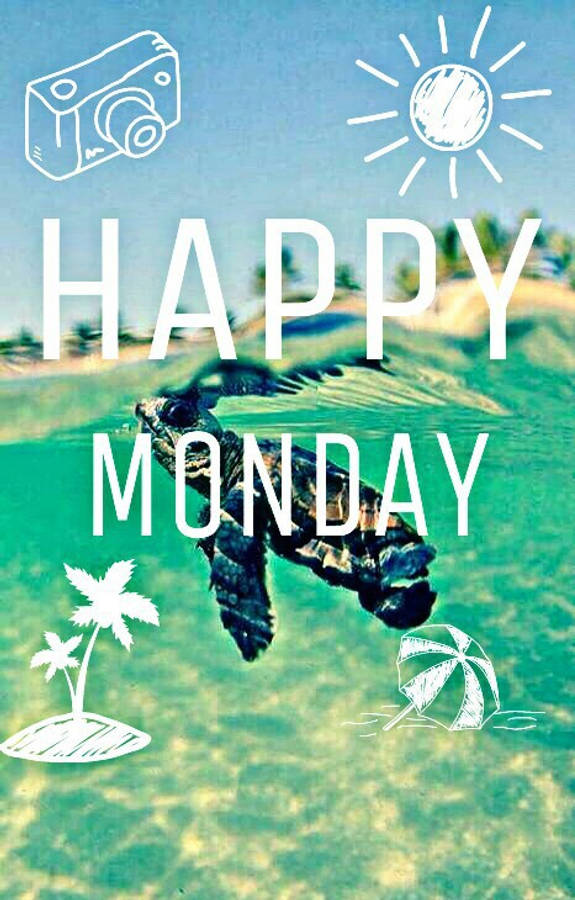 Happy Monday 桌布 壁紙 — 一隻海龜在粗體白色「HAPPY MONDAY」文字下方於水中游動，背景為藍綠色海洋，並有太陽、相機、棕櫚樹和雨傘的白色線條圖示。