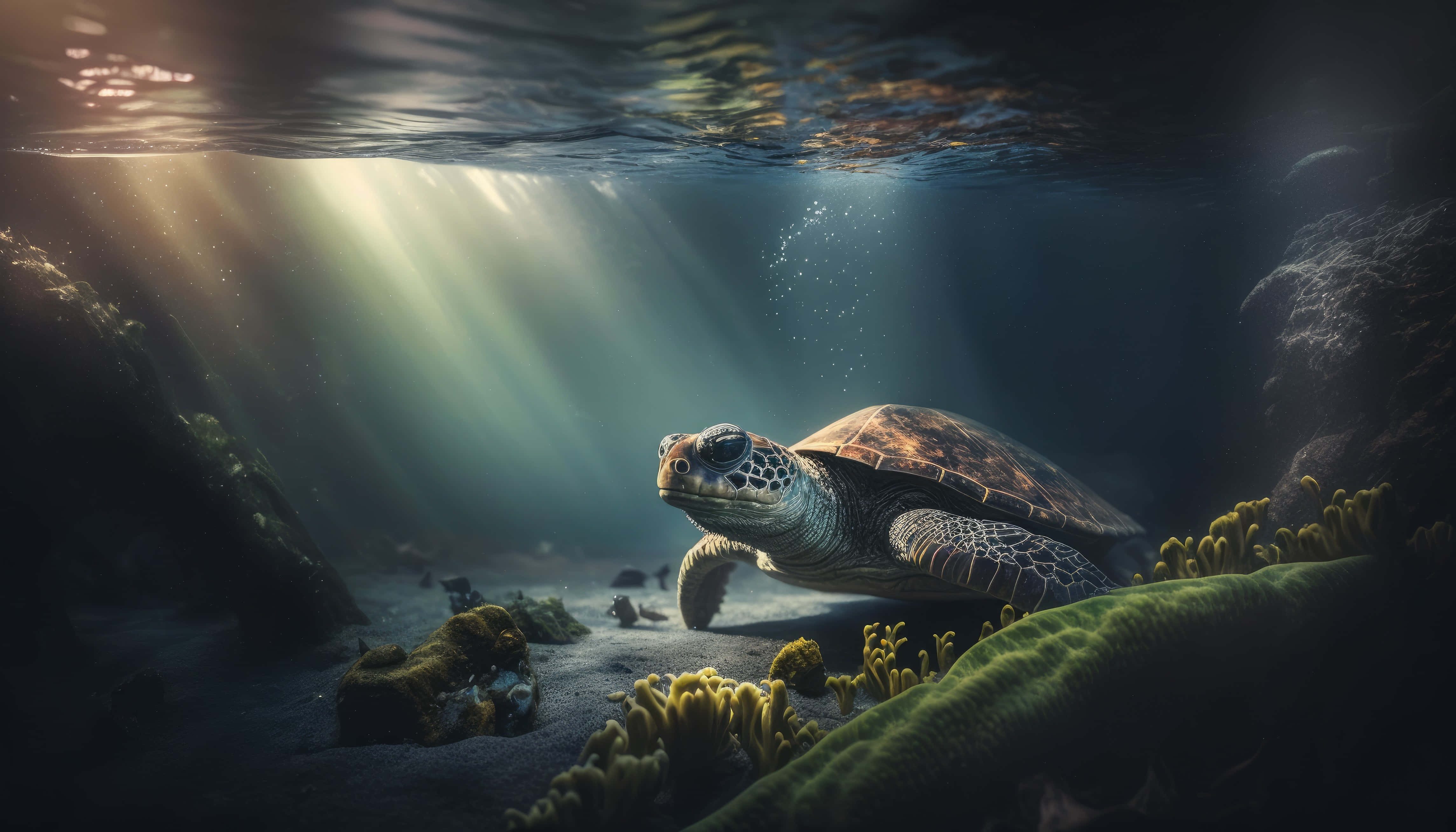 sea turtle 桌布 壁紙 — 一隻海龜在陽光照射的水域中優雅地滑行，越過珊瑚礁，光線穿透水面。