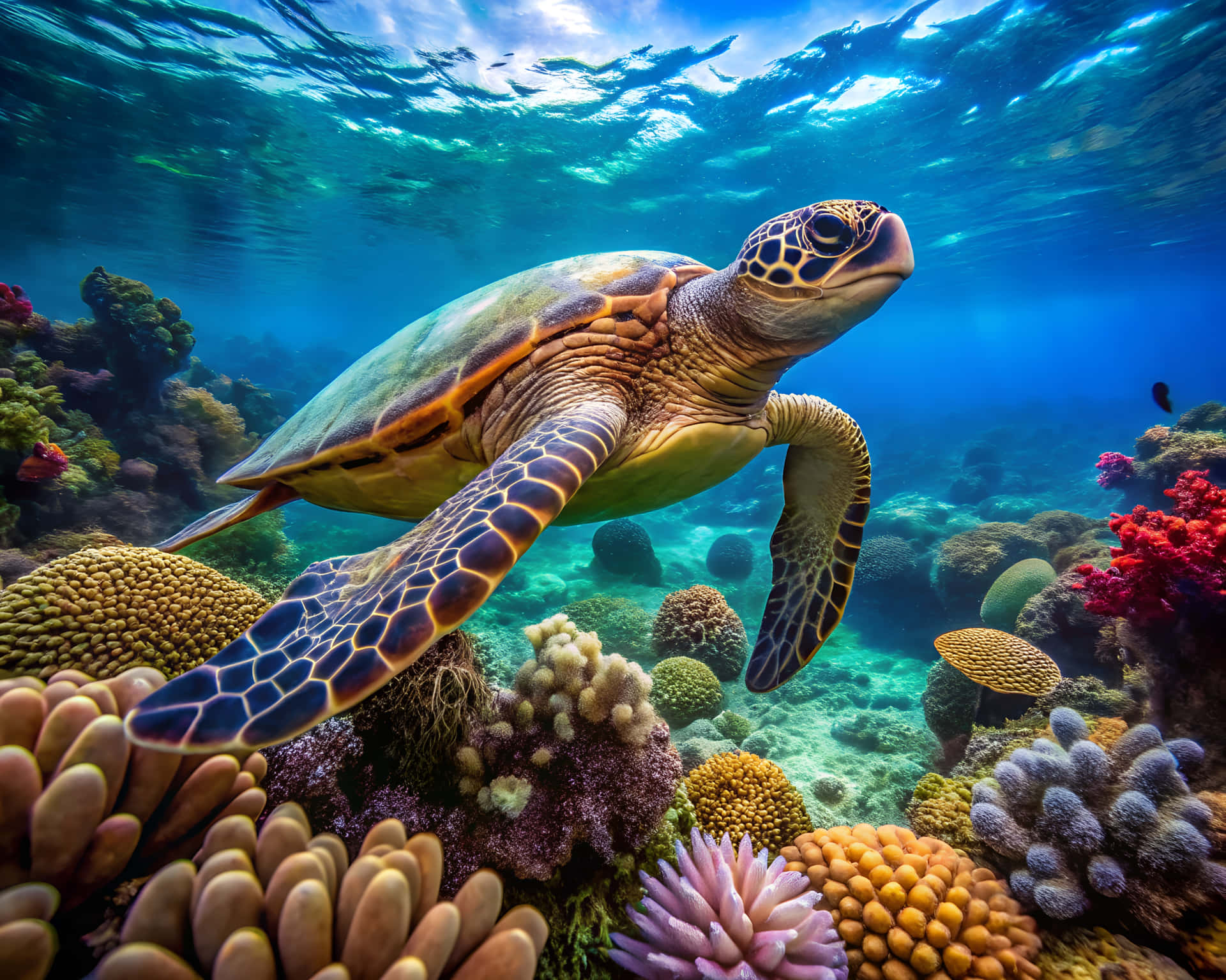 Turtle swimming underwater 壁紙 — 一隻海龜在陽光照射的碧綠海水下，優雅地穿梭於色彩繽紛的珊瑚礁之間。
