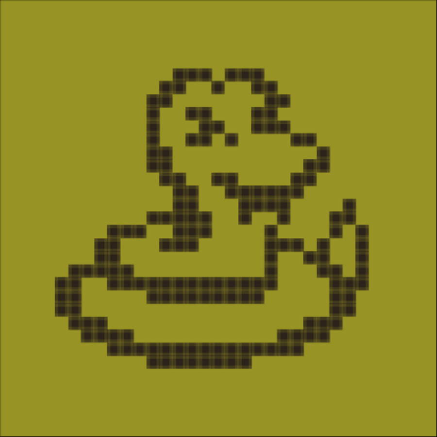 Retro Game 桌布 壁紙 — 一隻深棕色的像素鴨漂浮在純橄欖綠背景上。