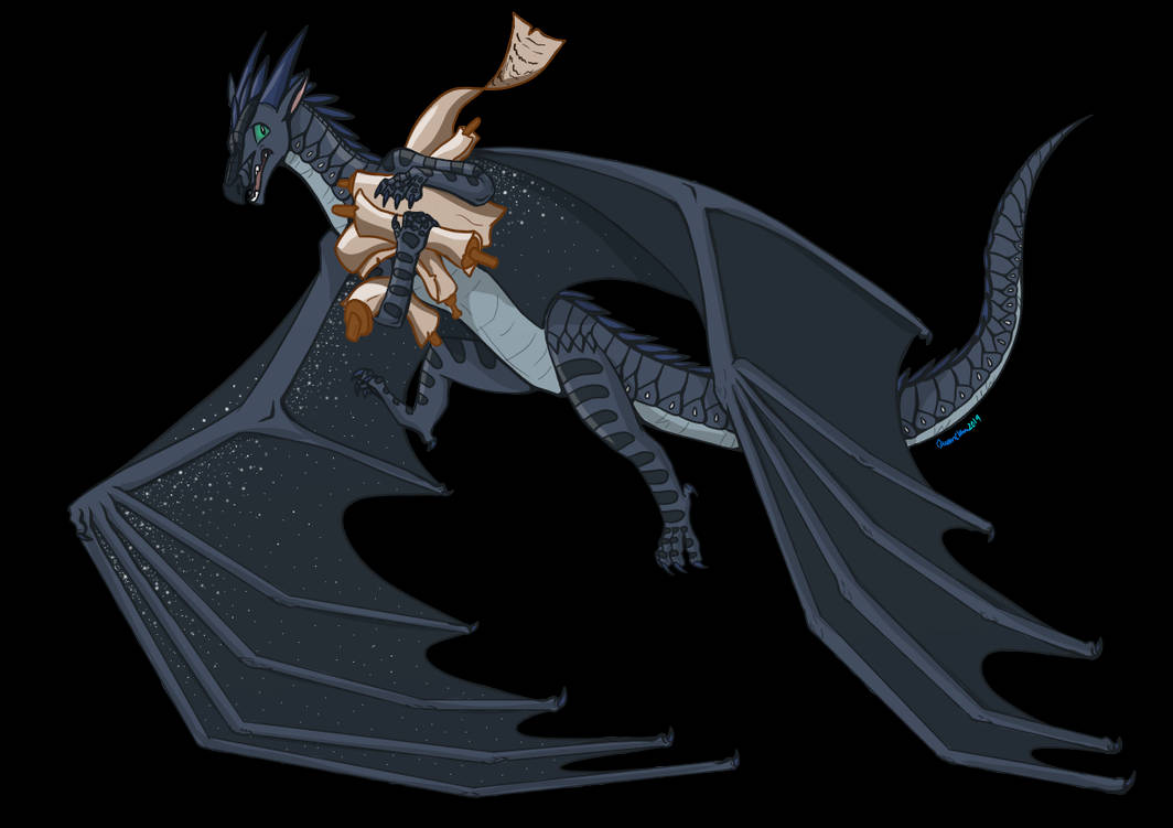 Wings Of Fire 桌布 壁紙 — 一隻深灰色、帶有星翼的龍，載著騎手穿越黑色虛空，綠色眼睛刺穿黑暗。