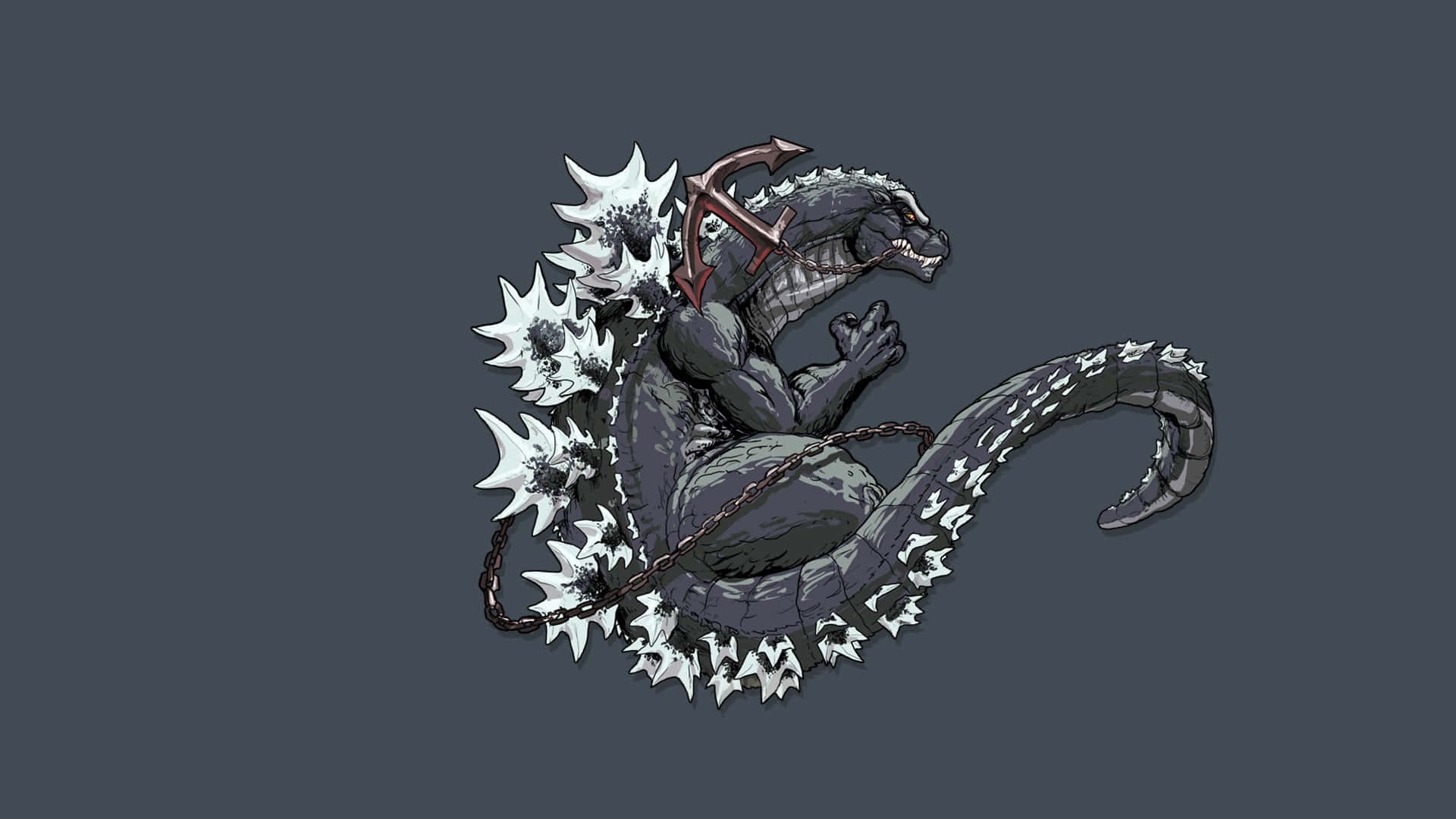 Godzilla Art 桌布 壁紙 — 一隻深灰色哥吉拉，背部有尖刺，脖子上鎖著錨，蜷縮在灰色背景上。
