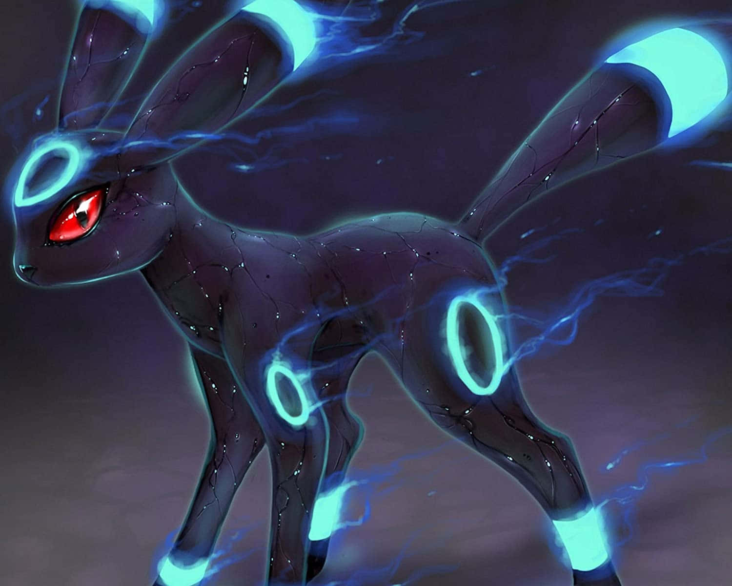 Pokemon Posters 桌布 壁紙 — 一隻深紫色的寶可夢，帶有發光的藍色環和紅色眼睛，站在劈啪作響的電能之中，背景是風暴般的紫色。