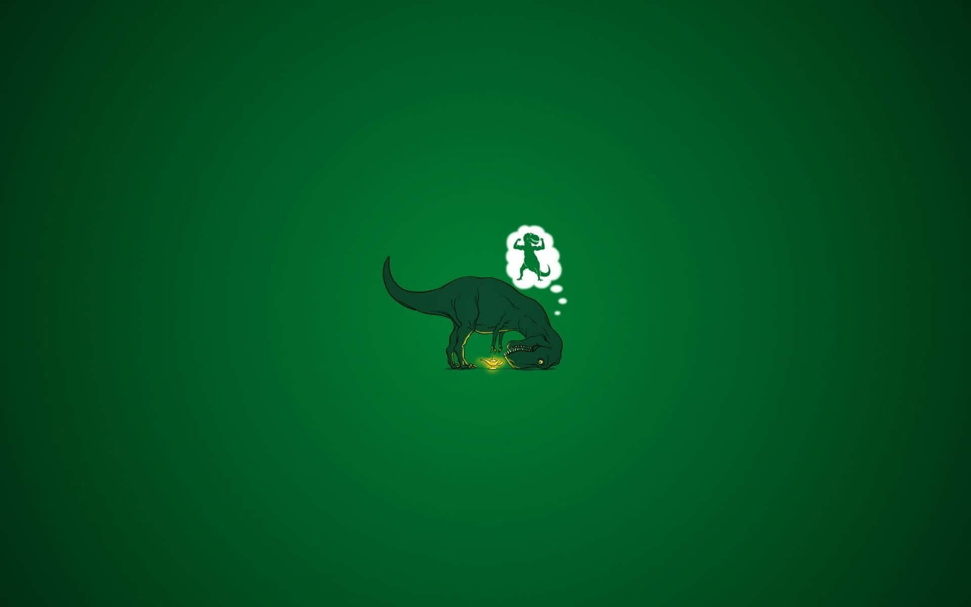 Cute Dinosaur 桌布 壁紙 — 一隻深綠色卡通恐龍，帶有思想泡泡，想像一個人形在發光硬幣上方，背景為純綠色。