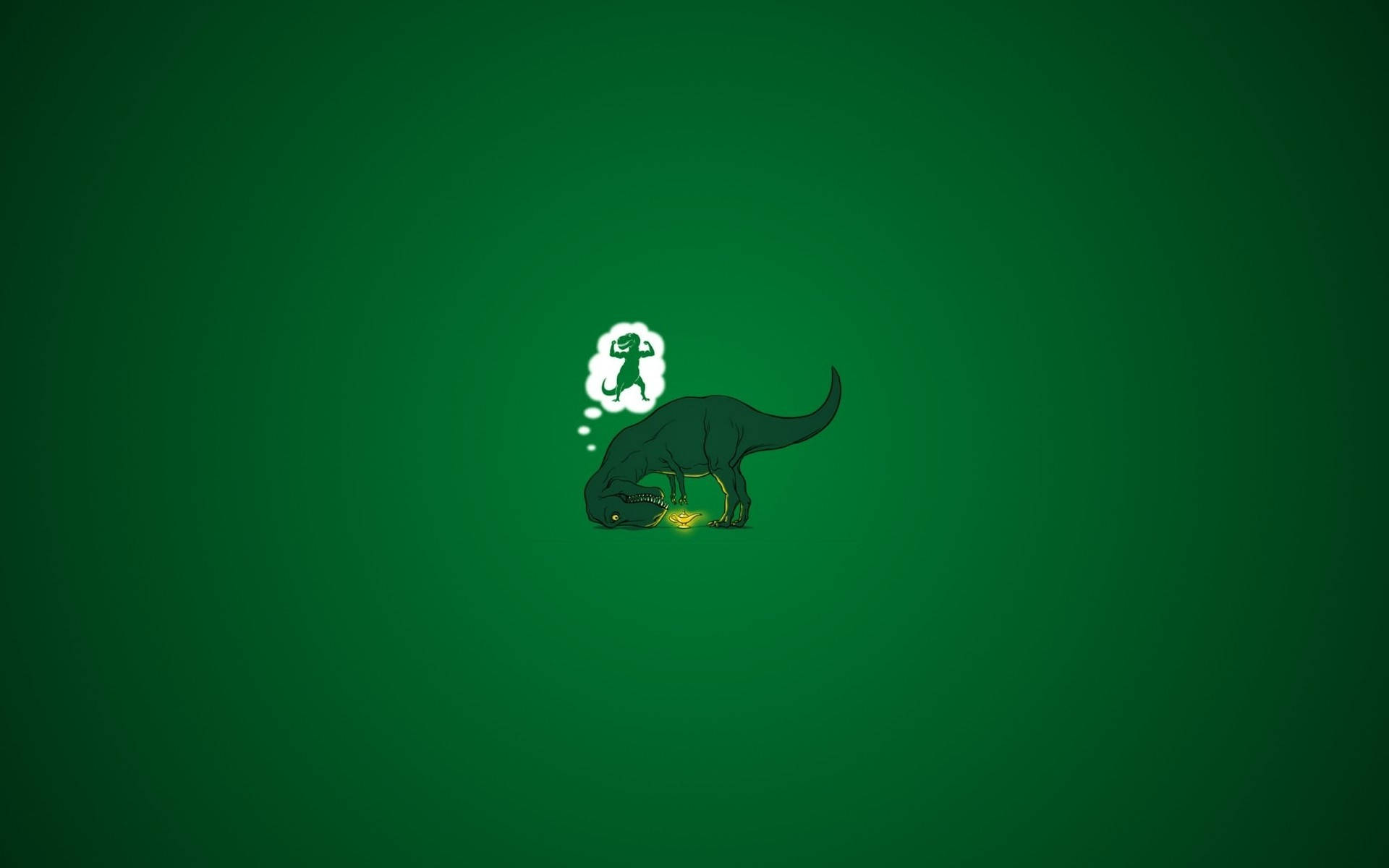 Funny Dinosaur 桌布 壁紙 — 一隻深綠色卡通恐龍，有一個思想泡泡，想像自己在純綠色背景上成為一個跳舞的人類形象。