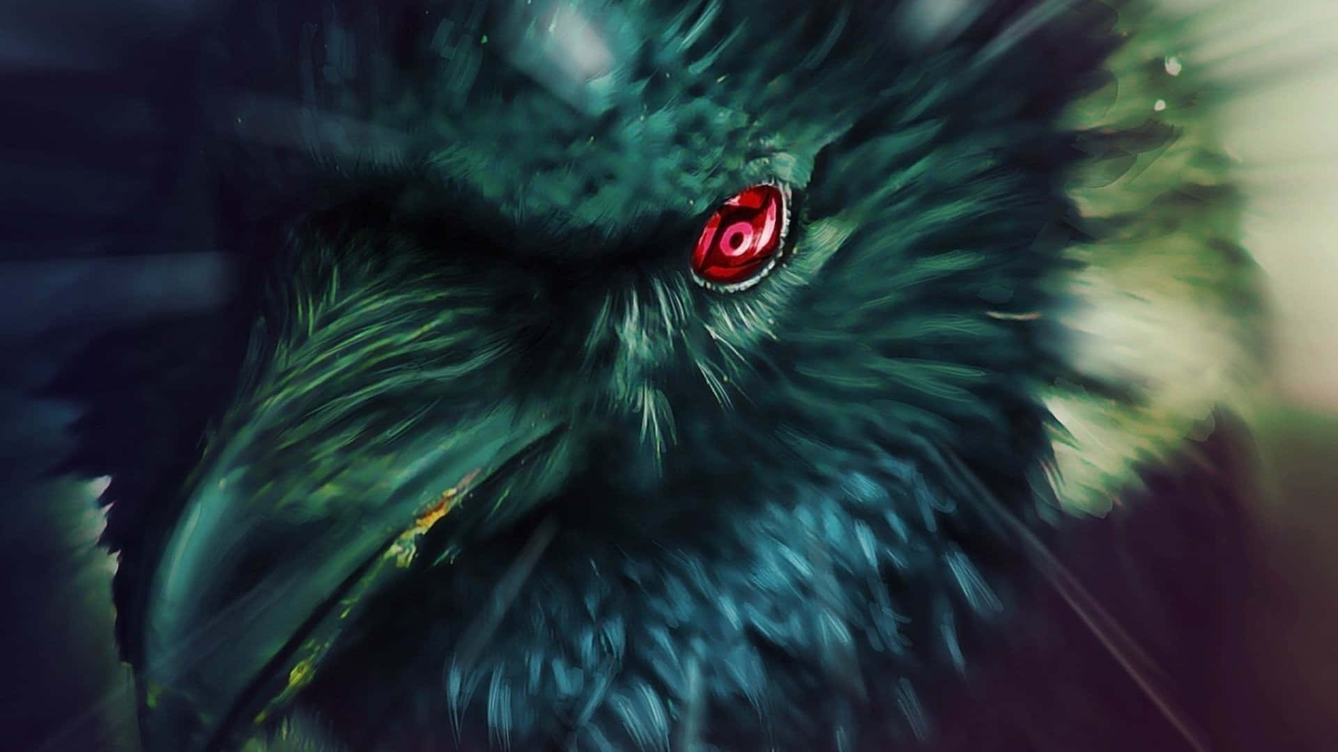 Raven 桌布 壁紙 — 一隻深綠色鳥類的特寫，帶有發光的紅色眼睛和動態模糊的羽毛。