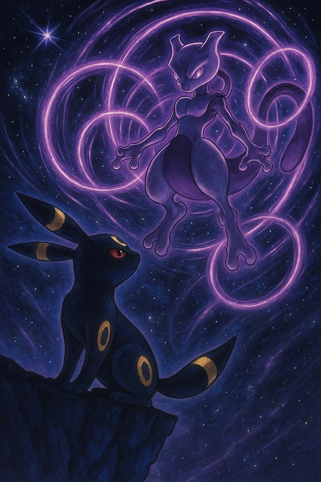 Umbreon Pokemon 4K HD Wallpaper WEBP MOBILE Backgrounds 壁紙 — 一隻深色伊布仰望在星空夜空背景下，於宇宙能量中旋轉的發光紫色超夢。