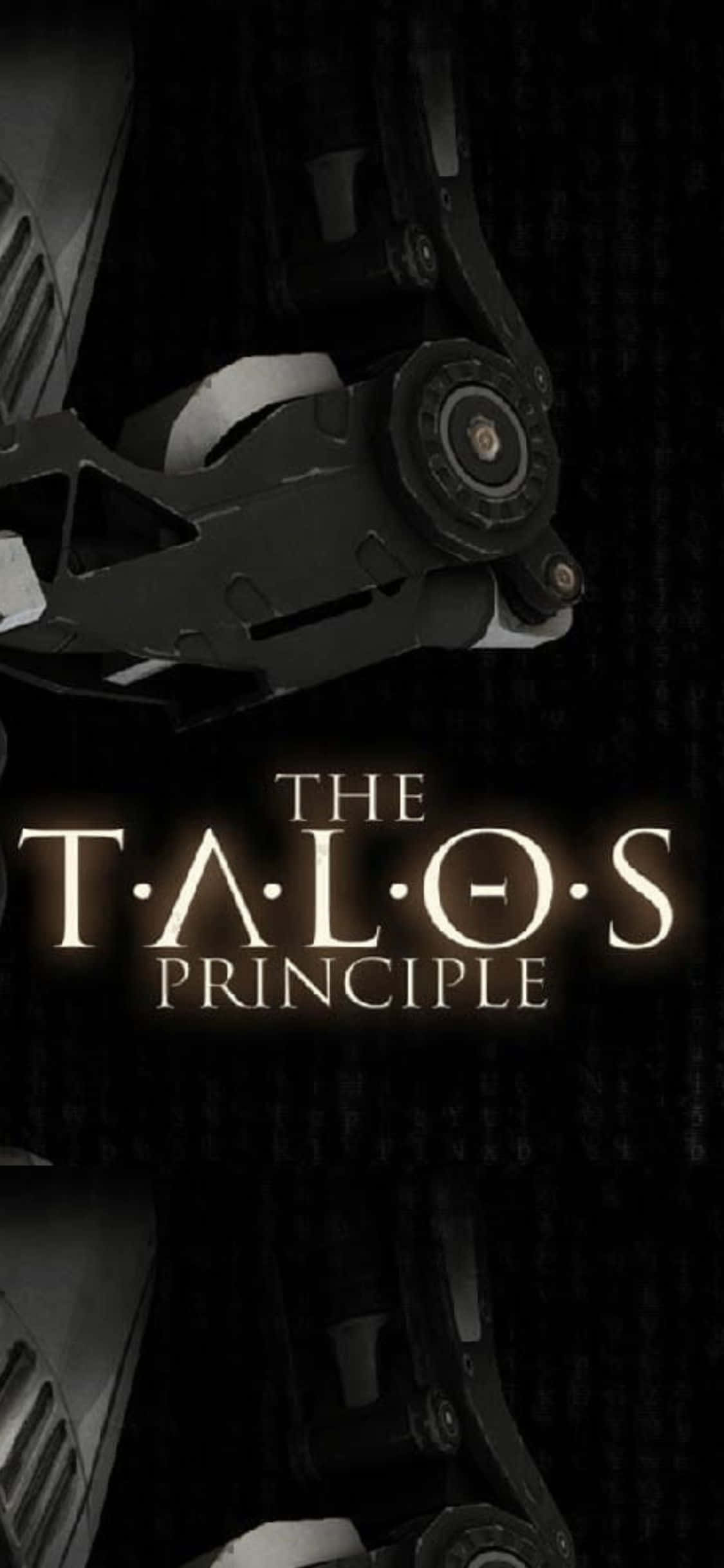 iPhone Xs The Talos Principle 桌布 壁紙 — 一隻深色機械手臂上帶有發光文字「The Talos Principle」，背景為黑色並帶有微弱的二進制代碼。